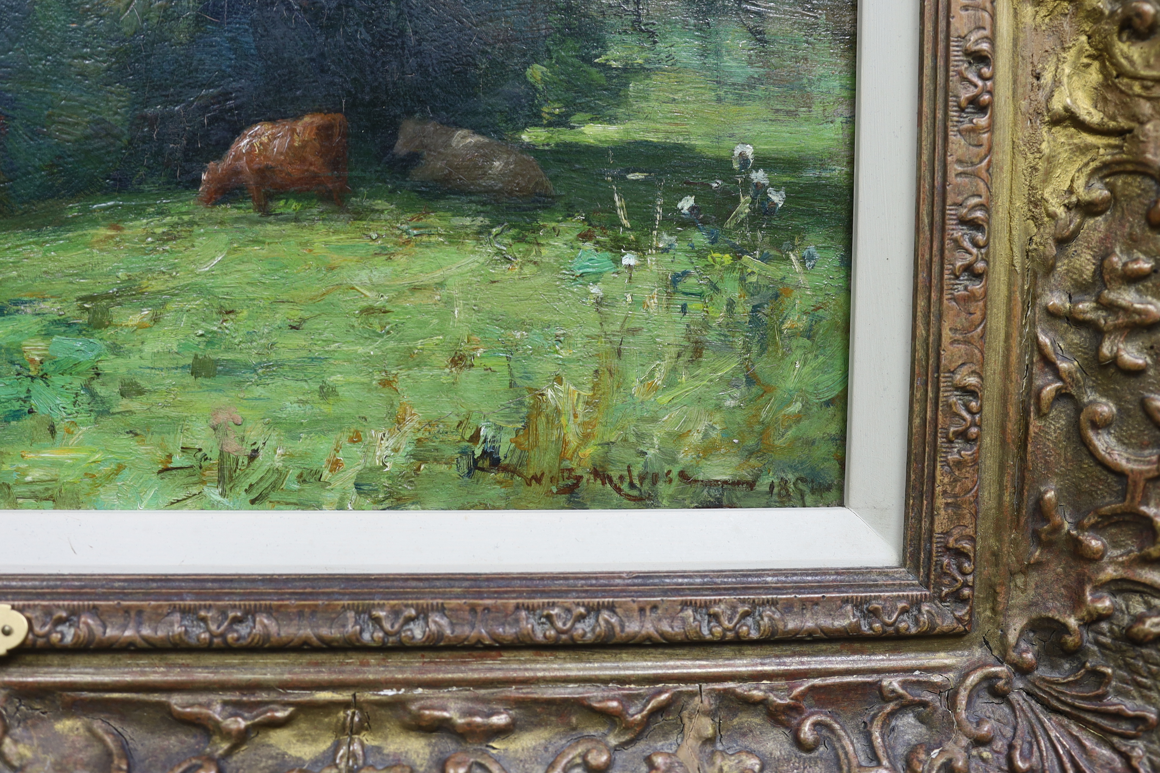 Walter Brodie Melrose (19th C.), oil on canvas, 'Cattle by a stream, 1894', signed and dated 1894, 29 x 44cm. Condition - good, some surface dirt